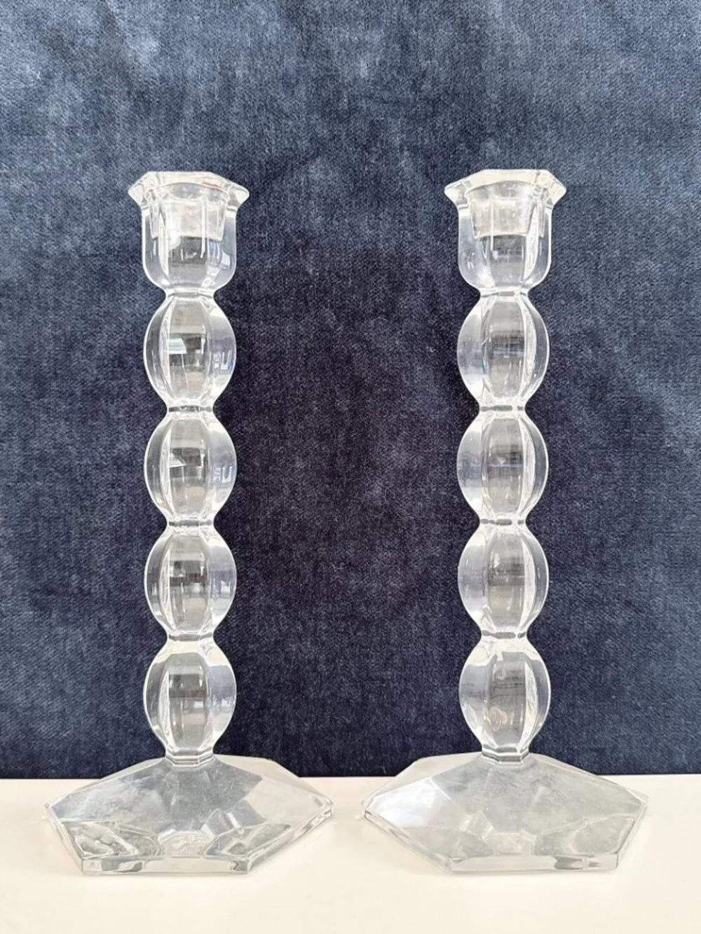 PAIR OF VAL ST. LAMBERT CRYSTAL BERLAYMONT CANDLESTICKS BELGIUM